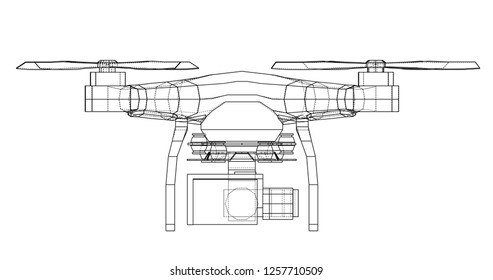 Drone concept. Vector rendering of 3d. Wire-frame style. The layers of visible and invisible lines are separated