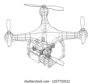 Drone concept. Vector rendering of 3d. Wire-frame style. The layers of visible and invisible lines are separated