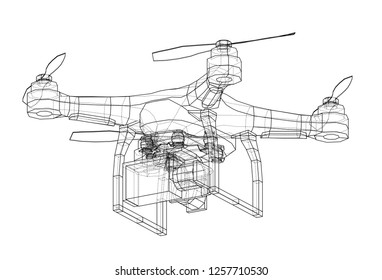 Drone concept. Vector rendering of 3d. Wire-frame style. The layers of visible and invisible lines are separated