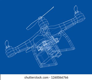 Drone concept. Vector rendering of 3d. Wire-frame style. The layers of visible and invisible lines are separated