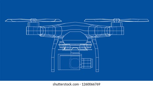 Drone concept. Vector rendering of 3d. Wire-frame style. The layers of visible and invisible lines are separated