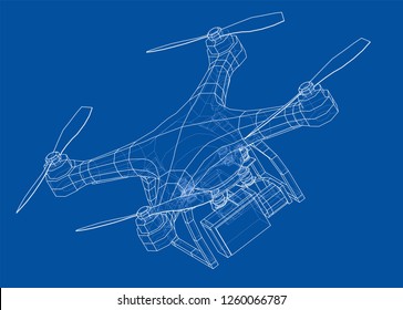 Drone concept. Vector rendering of 3d. Wire-frame style. The layers of visible and invisible lines are separated