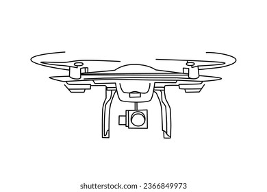 Drohne in kontinuierlicher Linienzeichnung. Schwarze Linie auf weißem Hintergrund, Vektorgrafik.