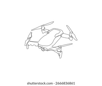 Línea continua de drones. Dibujo continuo de una línea de la cámara del quadcopter. Tecnología de aire moderna para el concepto de Fotografía. Dibujo de una sola línea
