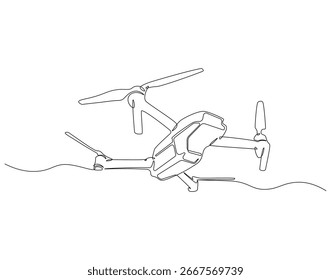 Drohne durchgehende Linie. Kontinuierliche einzeilige Zeichnung einer Quadcopter-Kamera. Moderne Lufttechnik für fotografisches Konzept. Einzeilige Zeichnung
