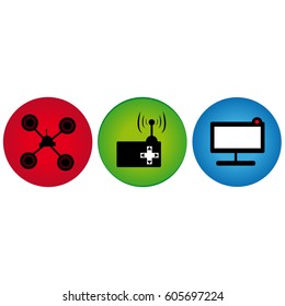 Drone with control and computer on white background. Vector illustration.