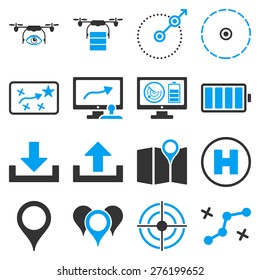 Drone control icon set designed with modern corporate light blue and gray colors. These flat bicolor pictograms are isolated on white background.