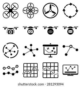 Drone control icon set designed with black color. These flat pictograms are isolated on a white background.