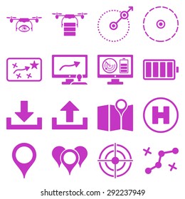 Drone control icon set designed with violet color. These flat pictograms are isolated on a white background.