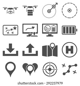 Drone control icon set designed with gray color. These flat pictograms are isolated on a white background.