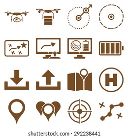 Drone control icon set designed with brown color. These flat pictograms are isolated on a white background.