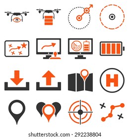 Drone control icon set designed with orange and gray colors. These flat bicolor pictograms are isolated on a white background.