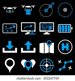 Drone control icon set designed with blue and white colors. These flat bicolor pictograms are isolated on a black background.
