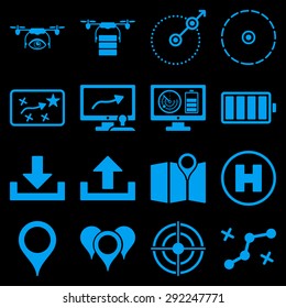 Drone control icon set designed with blue color. These flat pictograms are isolated on a black background.