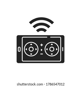Drone control smartphone black glyph icon. Mobile app quadcopter remote control. Online service for autonomous drone logistics concept. UI UX screen