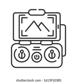 Drone control smartphone black line icon. Mobile app quadcopter remote control. Online service for autonomous drone logistics concept. UI UX screen. Editable stroke.