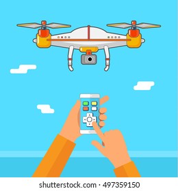 Drone control via phone. Quadcopter aerial drone with camera for photography or video surveillance. Flat design, vector illustration.