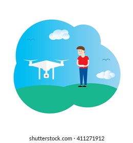 Drone controlled by the boy vector template. Drone illustration. Drone template. Quadcopter template. Quadcopter vector. Quadcopter illustration.