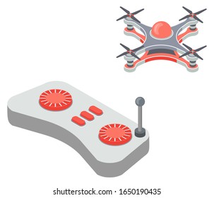 Drone controlled by remote control vector, isolated joystick with buttons. Illustration in flat style of helicopter with wings and propellers. Transportation with controller in distance, toy for kids