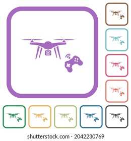 Drones controlando iconos simples en marcos cuadrados redondeados de color sobre fondo blanco
