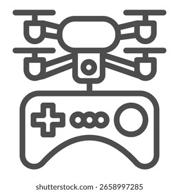 Drone copter con el icono de línea de joystick de control, concepto de electrónica portátil, quadcopter y gamepad signo sobre fondo blanco, icono de estilo de contorno para el móvil y el Diseño web. Gráficos de Vector