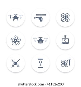 Drone, copter, quadrocopter round icons set, vector illustration