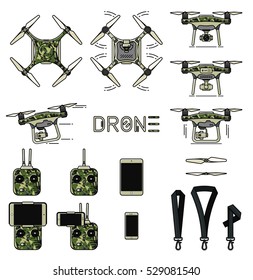 Drone copter with remote control on white background