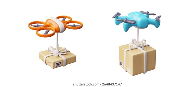 Serviço de entrega de correio de drone. Conjunto de ilustrações vetoriais de estilo cartoon plástico 3D. Realista sem fios quadcóptero voando com caixa de papelão. Ordem de remessa por via aérea. Tecnologia de logística não tripulada