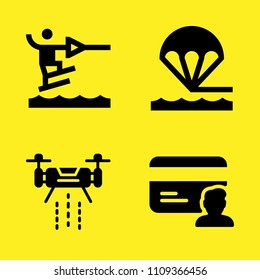 drone, credit card, water ski and parachute vector icon set. Sample icons set for web and graphic design