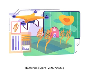 Drone Crop Health Survey conceito abstrato vetor ilustração. Drone agrícola varre campos com câmera multiespectral para detectar problemas de saúde vegetal precocemente.