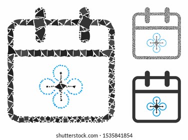 Drone day mosaic of unequal elements in various sizes and shades, based on drone day icon. Vector unequal parts are grouped into mosaic. Drone day icons collage with dotted pattern.
