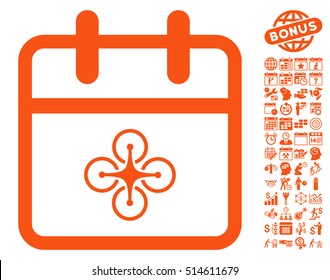 Drone Day pictograph with bonus calendar and time management icon set. Vector illustration style is flat iconic symbols, orange color, white background.