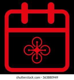 Drone Day vector icon. Style is flat symbol, red color, rounded angles, black background.