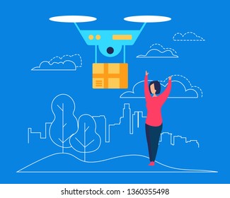 Drone Deliver Box Parcel to Young Woman Consumer Character on Blue Background with Outline City and Nature Elements. Shopping, E- Commerce Technology. Express Delivery Cartoon Flat Vector Illustration