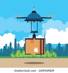 Drone delivering box at city park scenery, deliveru and logistics vector illustration graphic design