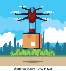 Drone delivering box at city park scenery, deliveru and logistics vector illustration graphic design