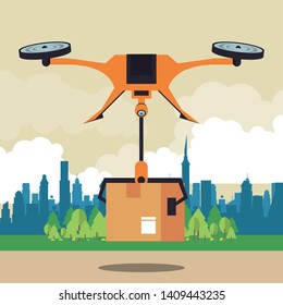 Drone delivering box at city park scenery, deliveru and logistics vector illustration graphic design