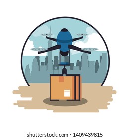 Drone delivering box in the city round emblem scenery vector illustration graphic design