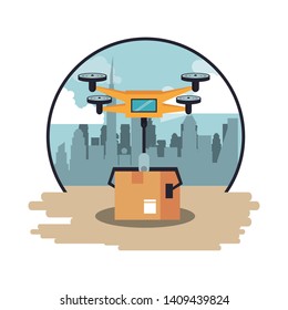 Drone delivering box in the city round emblem scenery vector illustration graphic design