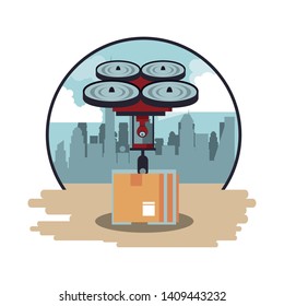 Drone delivering box in the city round emblem scenery vector illustration graphic design