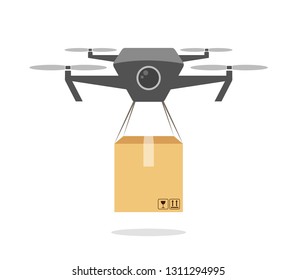 Drone delivering cardboard box. Daily delivery. Robot carrying carton box, airmail concept. Professional drone device, aircraft. Flat design