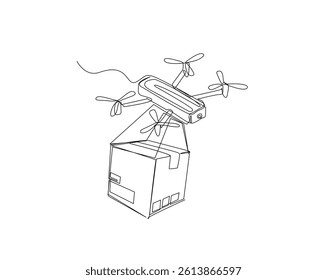 drone delivering cardboard package outline drawing illustration. one continuous line drawing of drone shipment.