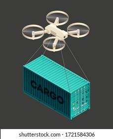 Avión teledirigido que entrega la carga en paquetes aislados icono de estilo isométrico. Transportar caja metálica, productos en recipiente. Helicóptero utilizado en logística y envío de mercancías. Vector 3d