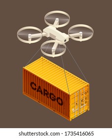Drone delivering cargo in parcel isolated icon isometric style. Transporting metal box, products in container. Helicopter used in logistics and shipment goods. Vector 3d