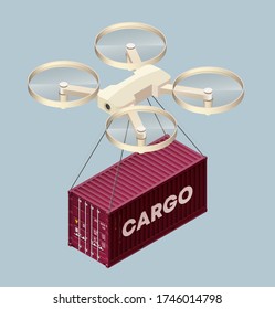 Dron que entrega carga en paquete aislado icono de estilo isométrico. Transportando caja de metal, productos en recipiente. Helicóptero utilizado en artículos de logística y envío. Vector 3d