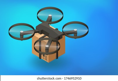 Drone delivering cargo in parcel isolated icon isometric style. Transporting carton box, products in container. Helicopter used in logistics and shipment of fragile items goods. Vector 3d