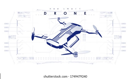 Drone delivering form lines. concept of drone technology, graphic of drone control interface. Creative template with HUD futuristic elements.