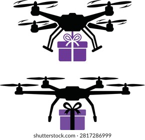 Drone delivering a gift box illustration with two views black silhouette