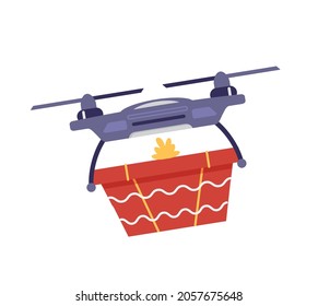 Drone delivering gift flat vector illustration. Isolated on white background