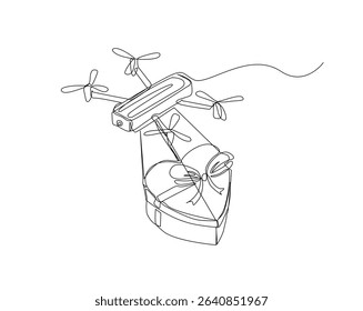 Drone delivering giftbox package  outline drawing illustration. one continuous line drawing of drone shipment.